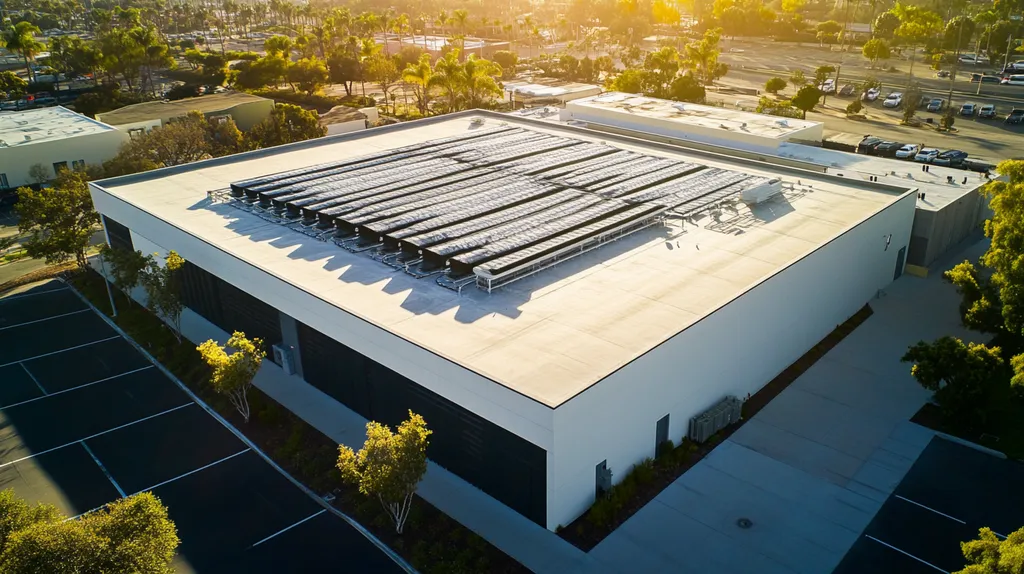 A commercial roof on a data center in a location similar to San Diego with an architectural photography aesthetic (AI image)