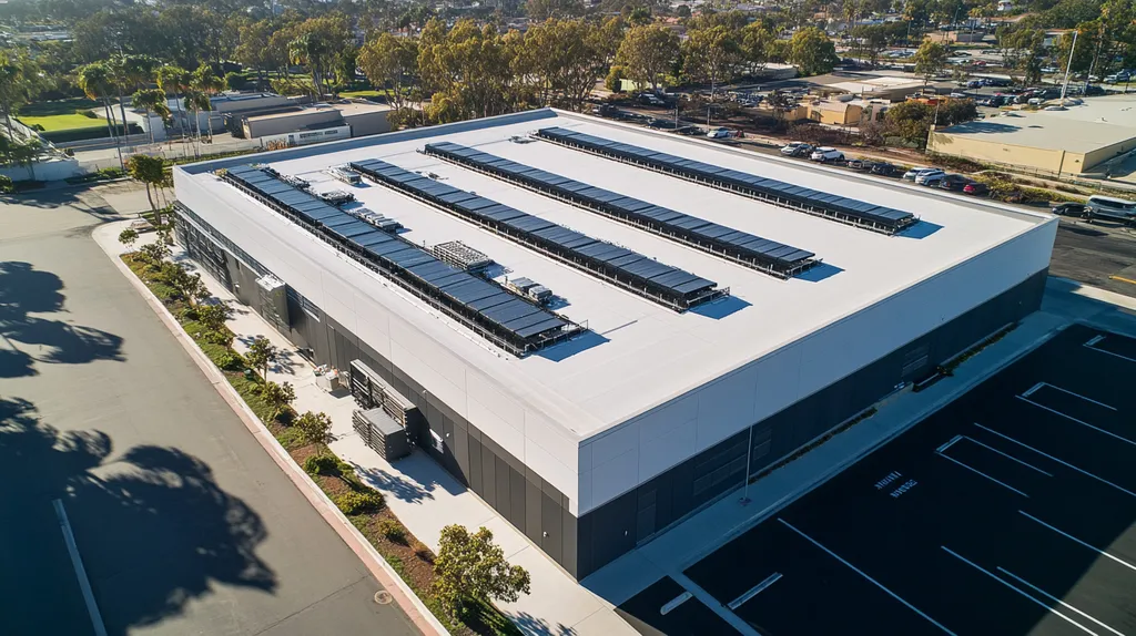 A commercial roof on a data center in a location similar to San Diego with an architectural photography aesthetic (AI image)