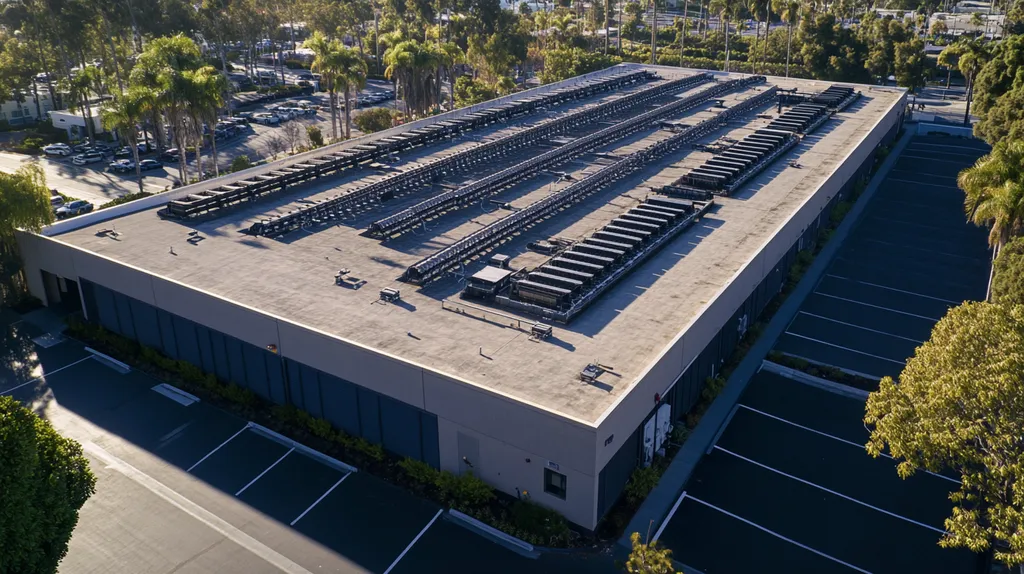 A commercial roof on a data center in a location similar to San Diego with an architectural photography aesthetic (AI image)