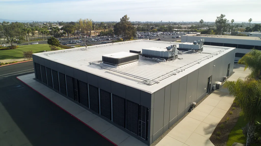 A commercial roof on a data center in a location similar to San Diego with a rainy day aesthetic (AI image)