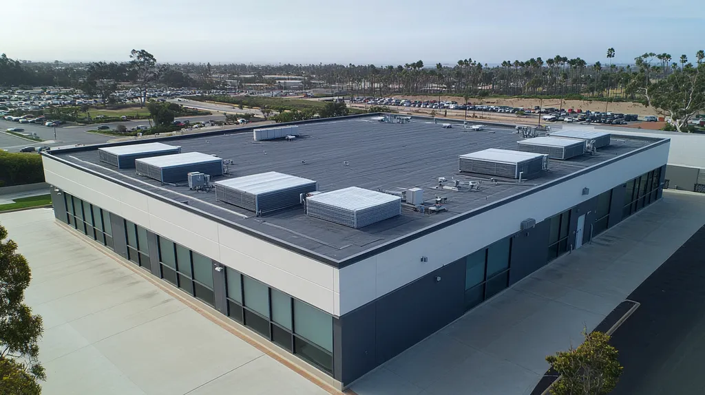A commercial roof on a data center in a location similar to San Diego with a rainy day aesthetic (AI image)