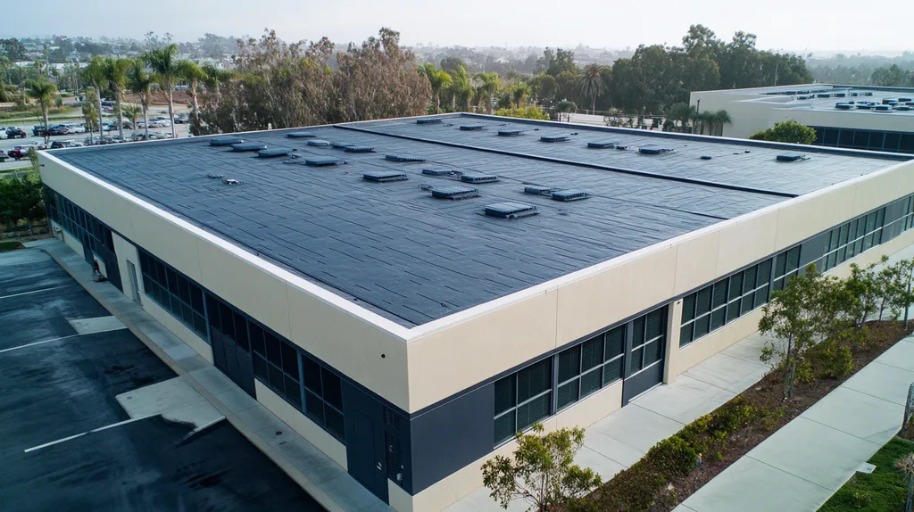 A commercial roof on a data center in a location similar to San Diego with a rainy day aesthetic (AI image)