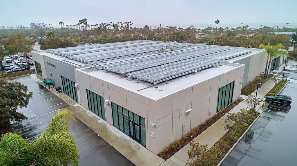 A commercial roof on a data center in a location similar to San Diego with a rainy day aesthetic (AI image)