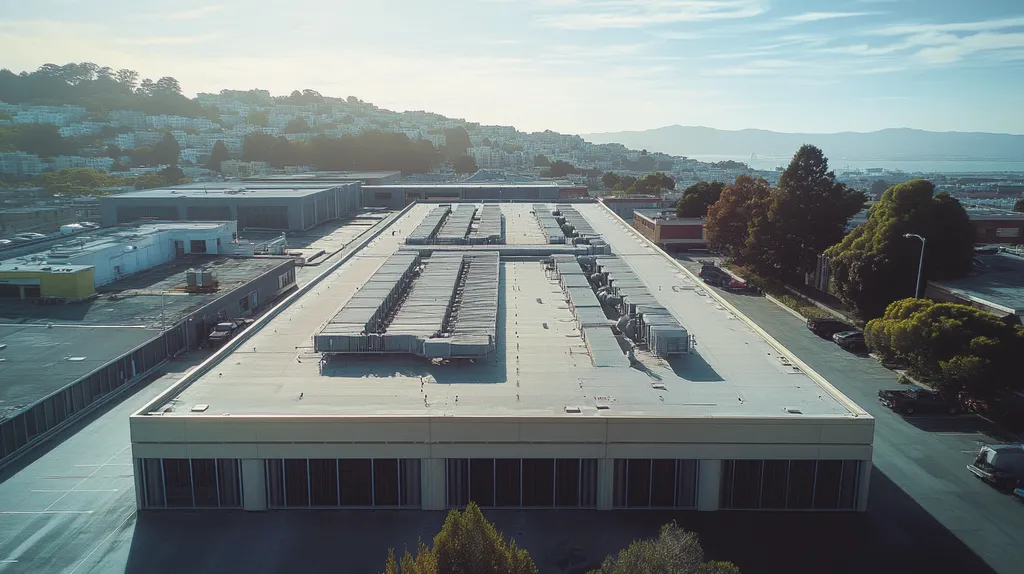 A commercial roof on a data center in a location similar to San Francisco with a Polaroid aesthetic (AI image)