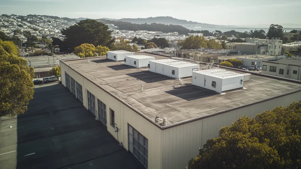 A commercial roof on a data center in a location similar to San Francisco with a Polaroid aesthetic (AI image)