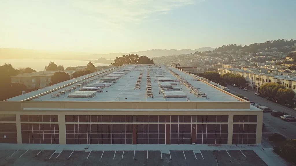 A commercial roof on a data center in a location similar to San Francisco with a Polaroid aesthetic (AI image)