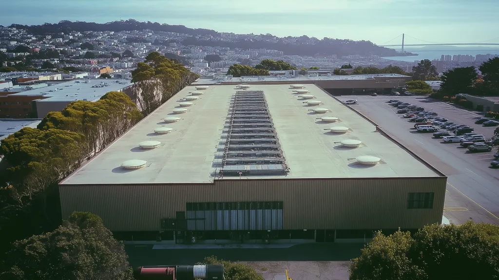 A commercial roof on a data center in a location similar to San Francisco with a Polaroid aesthetic (AI image)
