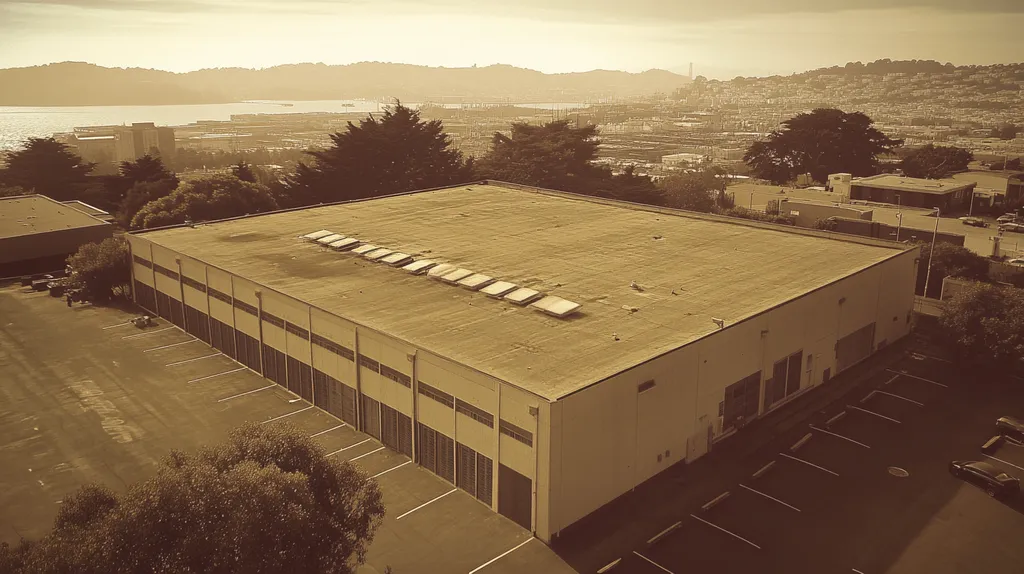 A commercial roof on a data center in a location similar to San Francisco with a Tintype aesthetic (AI image)