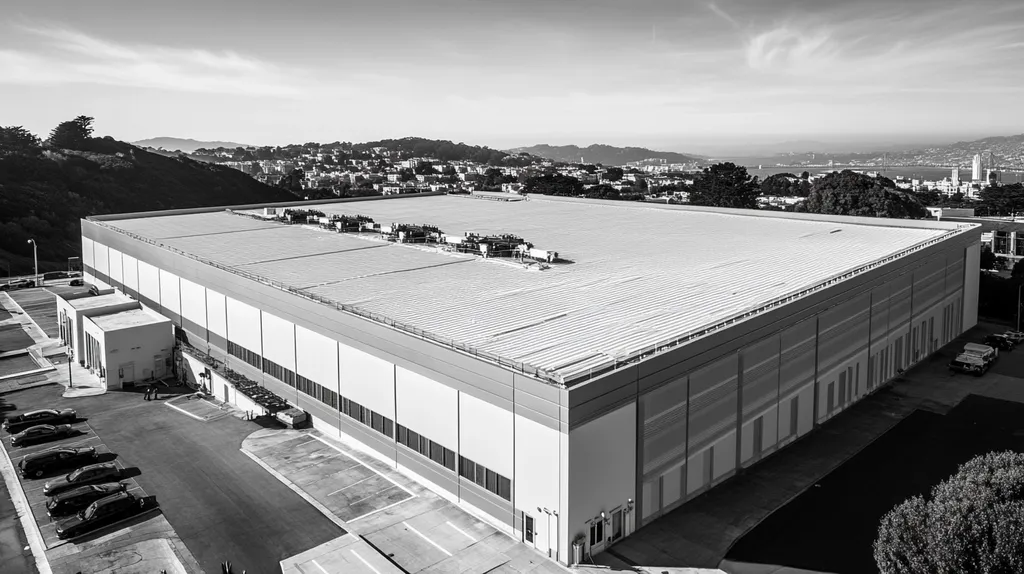 A commercial roof on a data center in a location similar to San Francisco with a black and white photography aesthetic (AI image)
