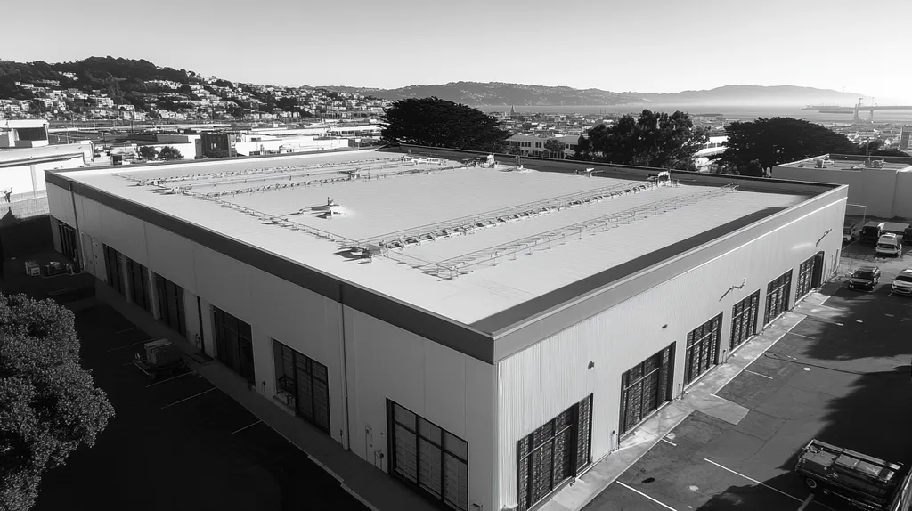 A commercial roof on a data center in a location similar to San Francisco with a black and white photography aesthetic (AI image)