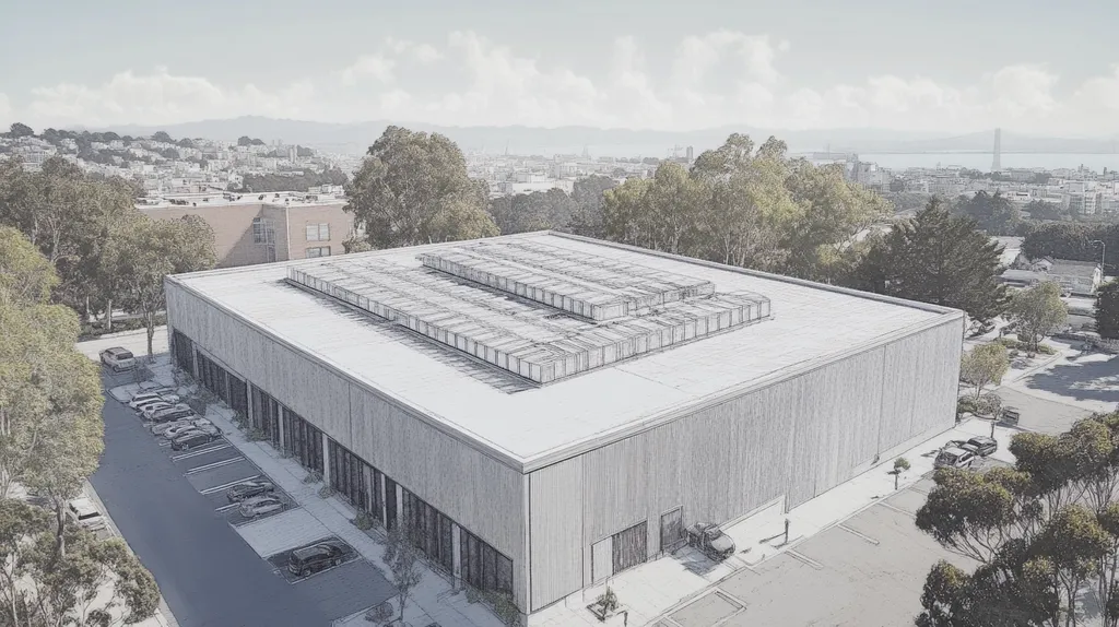 A commercial roof on a data center in a location similar to San Francisco with a charcoal sketch aesthetic (AI image)