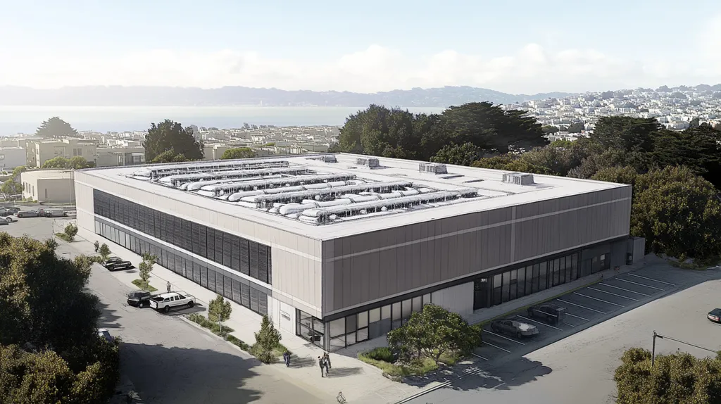 A commercial roof on a data center in a location similar to San Francisco with a charcoal sketch aesthetic (AI image)