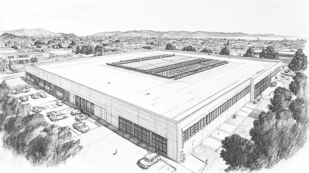 A commercial roof on a data center in a location similar to San Francisco with a charcoal sketch aesthetic (AI image)