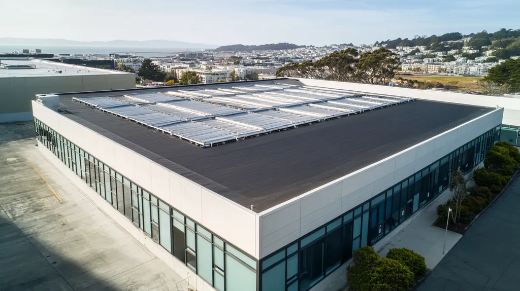 A commercial roof on a data center in a location similar to San Francisco with a cross-processed look aesthetic (AI image)