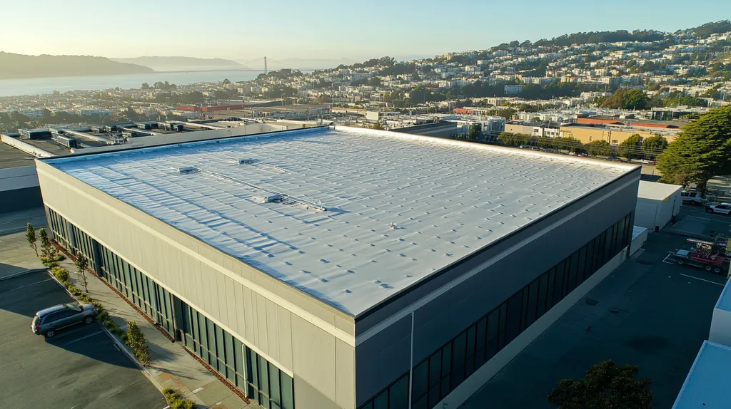 A commercial roof on a data center in a location similar to San Francisco with a cross-processed look aesthetic (AI image)