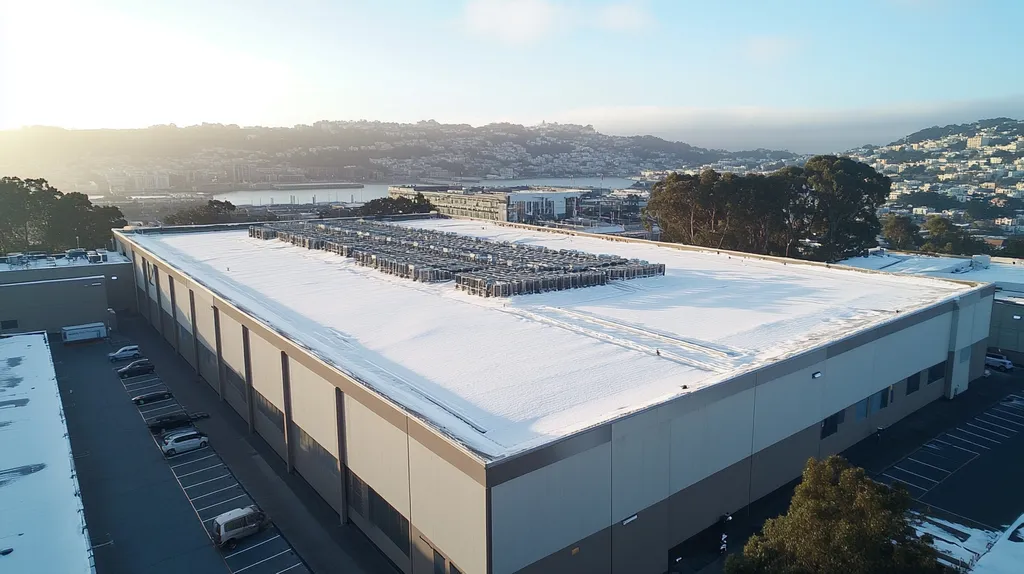 A commercial roof on a data center in a location similar to San Francisco with a snowy day aesthetic (AI image)