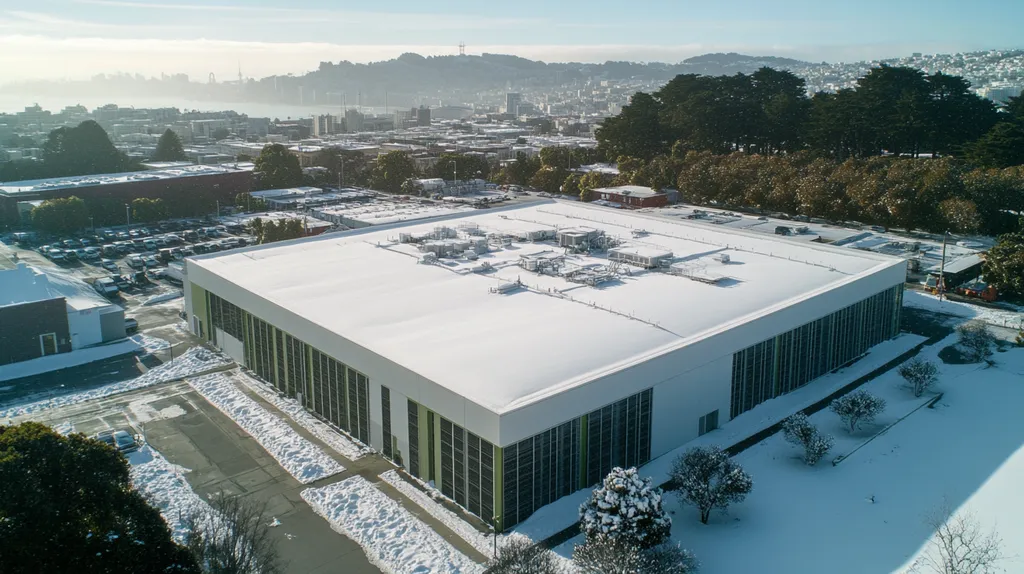 A commercial roof on a data center in a location similar to San Francisco with a snowy day aesthetic (AI image)