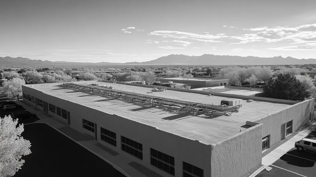 A commercial roof on a data center in a location similar to Santa Fe with a black and white photography aesthetic (AI image)