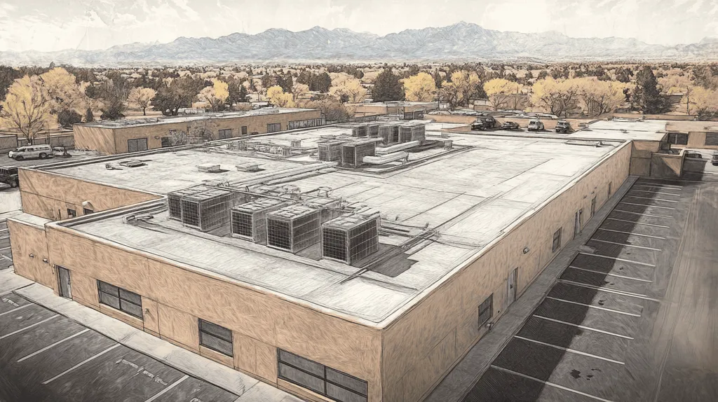 A commercial roof on a data center in a location similar to Santa Fe with a charcoal sketch aesthetic (AI image)
