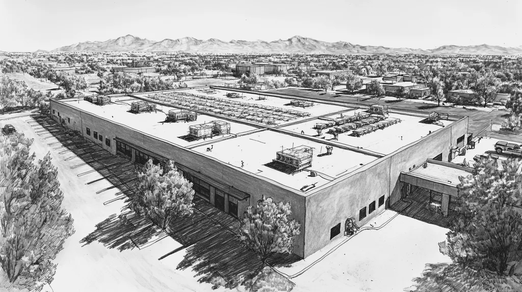 A commercial roof on a data center in a location similar to Santa Fe with a charcoal sketch aesthetic (AI image)