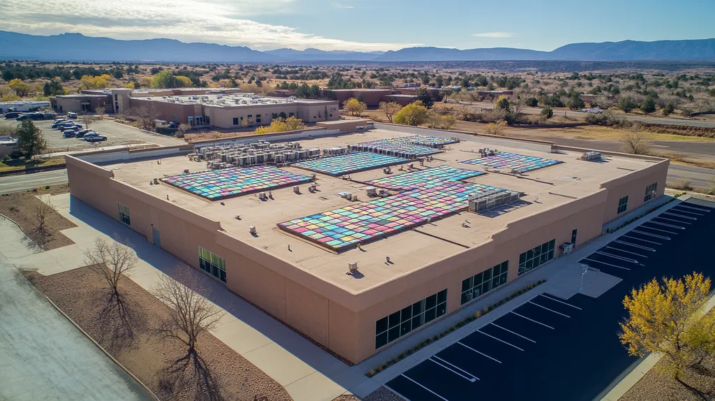 A commercial roof on a data center in a location similar to Santa Fe with a stained glass style aesthetic (AI image)