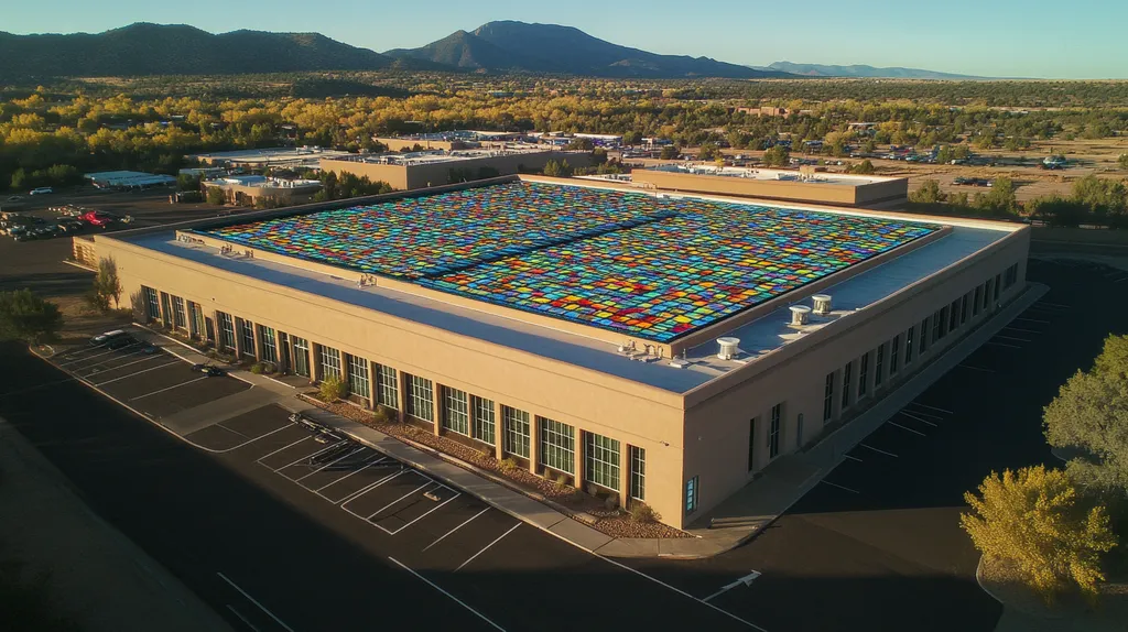 A commercial roof on a data center in a location similar to Santa Fe with a stained glass style aesthetic (AI image)