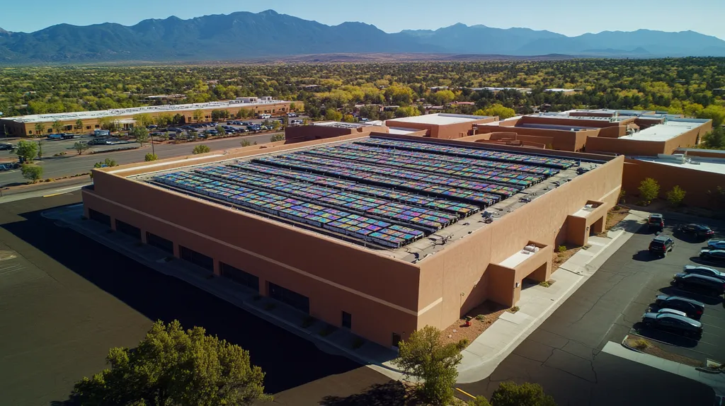 A commercial roof on a data center in a location similar to Santa Fe with a stained glass style aesthetic (AI image)
