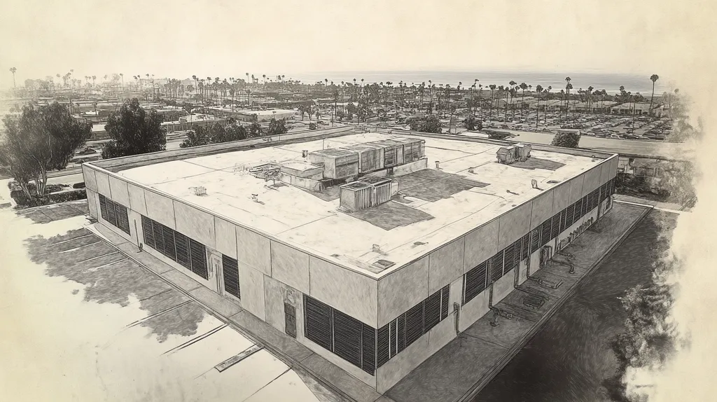A commercial roof on a data center in a location similar to Santa Monica with a charcoal sketch aesthetic (AI image)