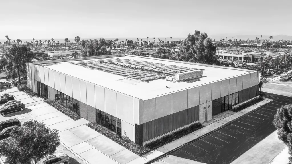 A commercial roof on a data center in a location similar to Santa Monica with a charcoal sketch aesthetic (AI image)