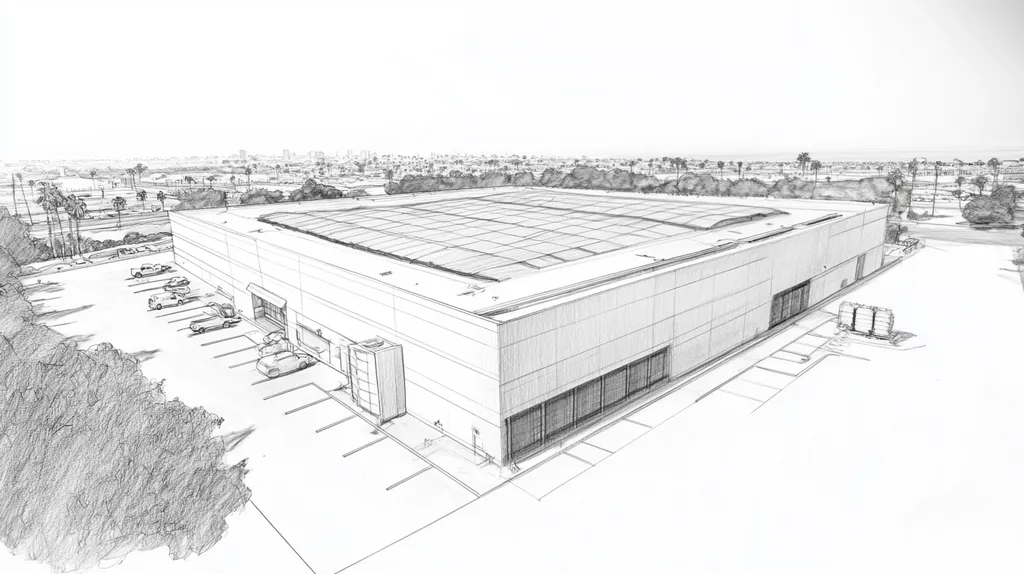 A commercial roof on a data center in a location similar to Santa Monica with a charcoal sketch aesthetic (AI image)