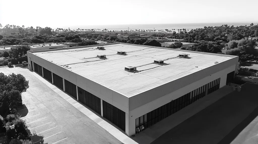 A commercial roof on a data center in a location similar to Santa Monica with a charcoal sketch aesthetic (AI image)