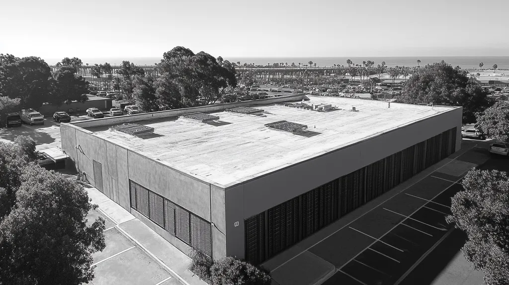 A commercial roof on a data center in a location similar to Santa Monica with a charcoal sketch aesthetic (AI image)