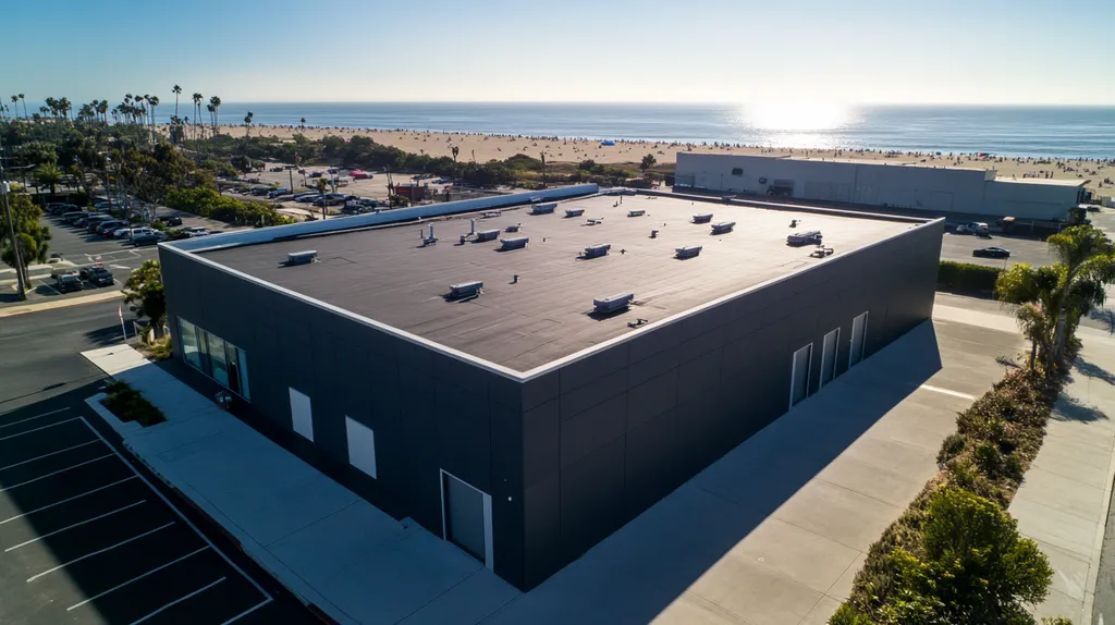 A commercial roof on a data center in a location similar to Santa Monica with a color highlight aesthetic (AI image)