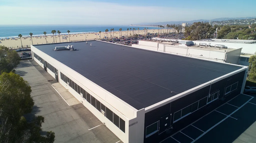A commercial roof on a data center in a location similar to Santa Monica with a color highlight aesthetic (AI image)