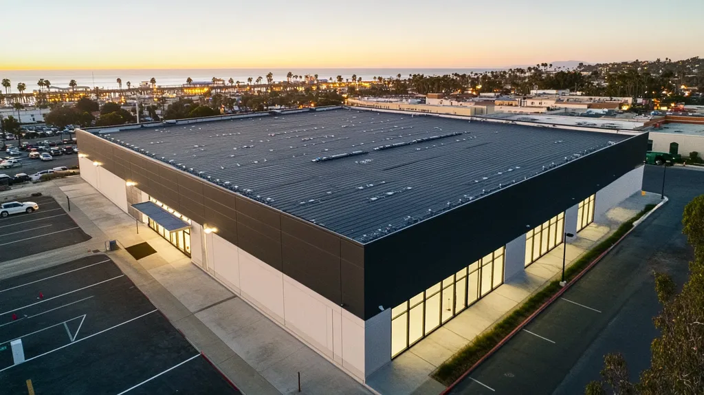 A commercial roof on a data center in a location similar to Santa Monica with an illuminated nightscape aesthetic (AI image)