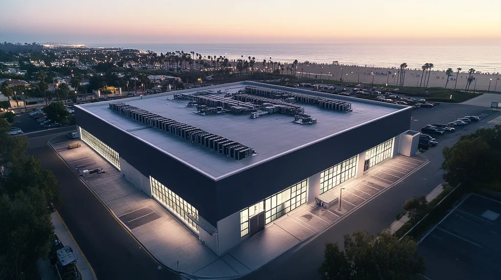 A commercial roof on a data center in a location similar to Santa Monica with an illuminated nightscape aesthetic (AI image)
