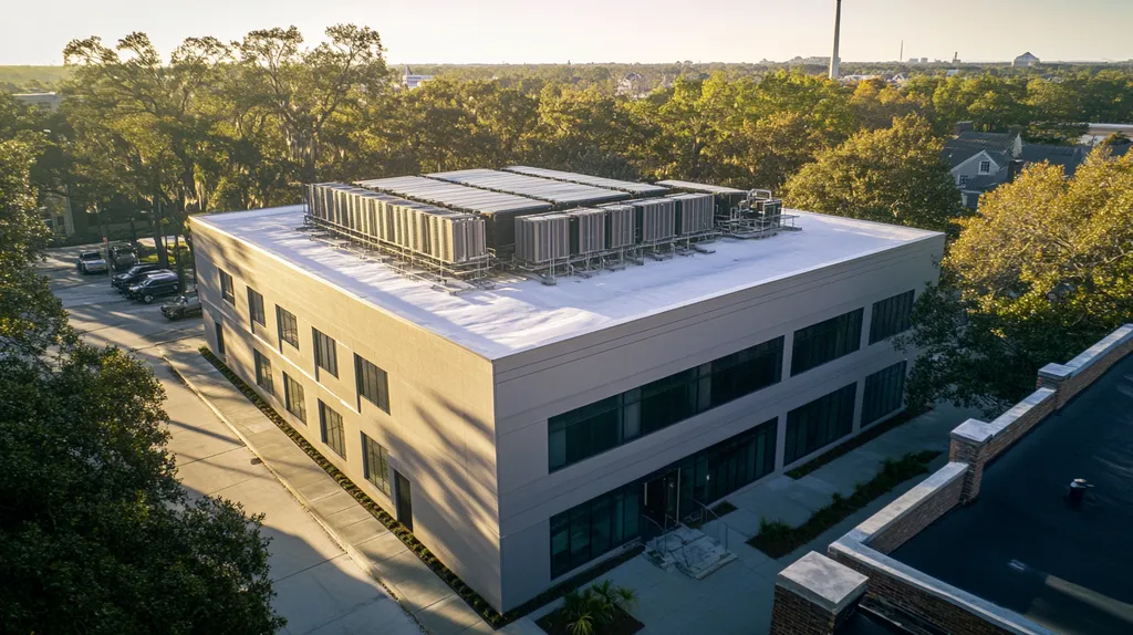 A commercial roof on a data center in a location similar to Savannah with an architectural photography aesthetic (AI image)