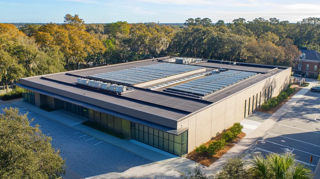 A commercial roof on a data center in a location similar to Savannah with an architectural photography aesthetic (AI image)