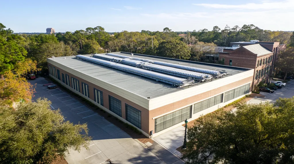 A commercial roof on a data center in a location similar to Savannah with an urban context aesthetic (AI image)