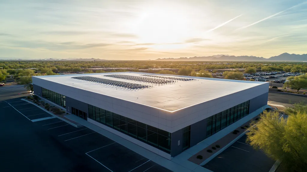 A commercial roof on a data center in a location similar to Scottsdale with a light beams aesthetic (AI image)