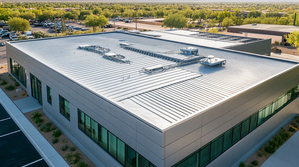 A commercial roof on a data center in a location similar to Scottsdale with a stainless steel aesthetic (AI image)