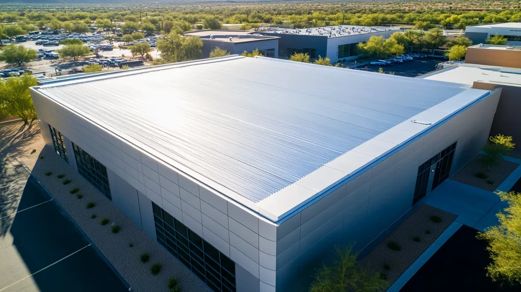 A commercial roof on a data center in a location similar to Scottsdale with a stainless steel aesthetic (AI image)