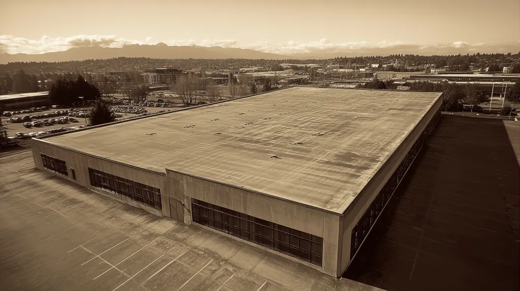 A commercial roof on a data center in a location similar to Seattle with a tintype aesthetic (AI image)