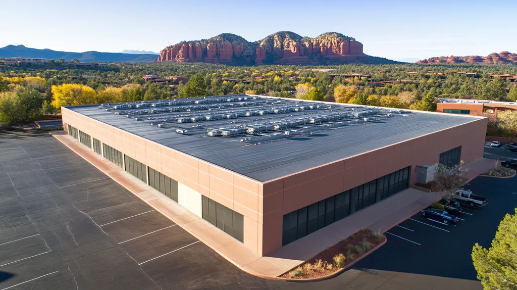A commercial roof on a data center in a location similar to Sedona with a color highlight aesthetic (AI image)