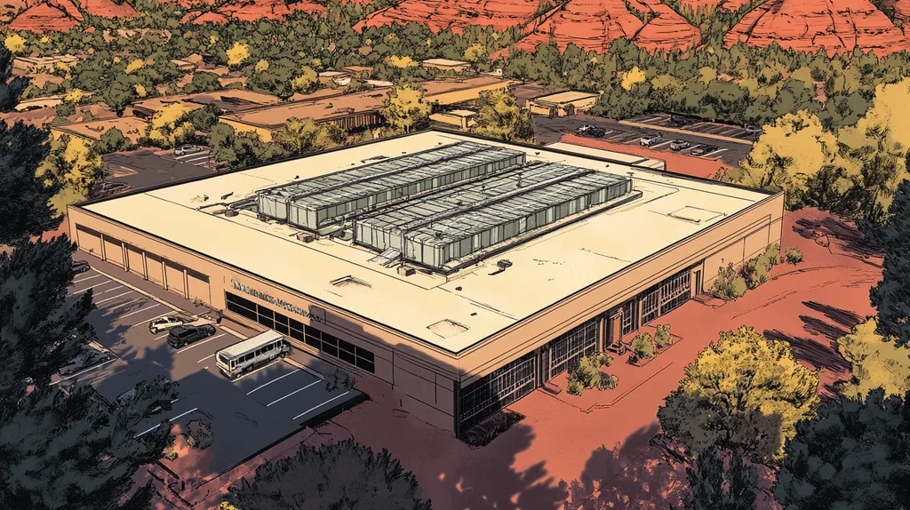 A commercial roof on a data center in a location similar to Sedona with a comic book style aesthetic (AI image)