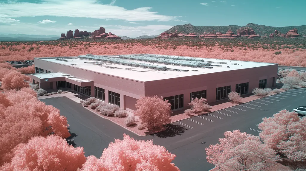 A commercial roof on a data center in a location similar to Sedona with an infrared photography aesthetic (AI image)