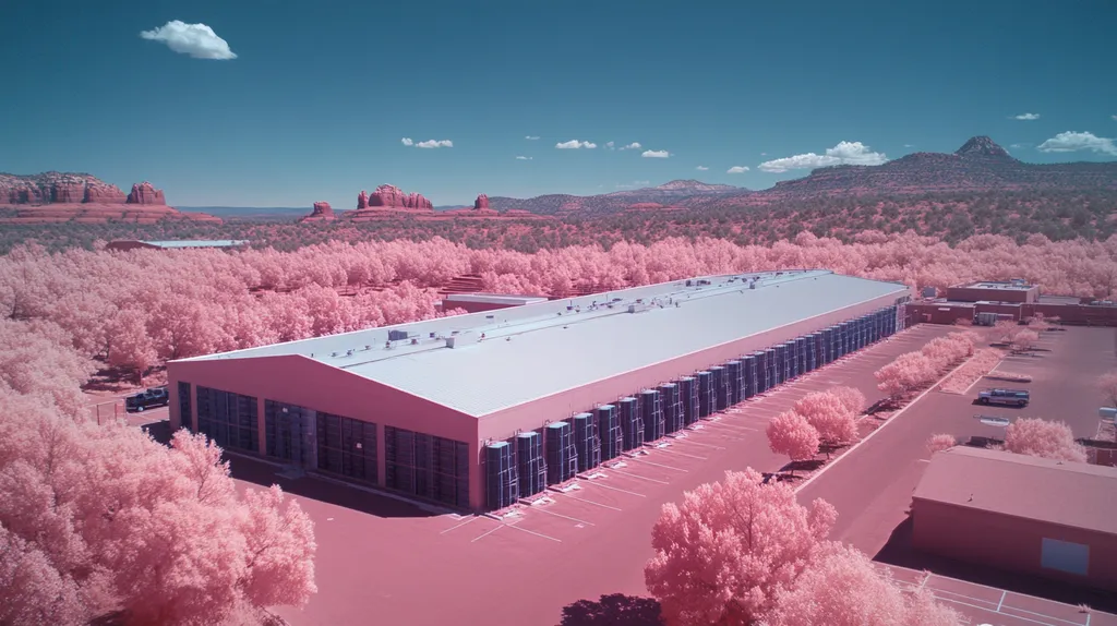 A commercial roof on a data center in a location similar to Sedona with an infrared photography aesthetic (AI image)