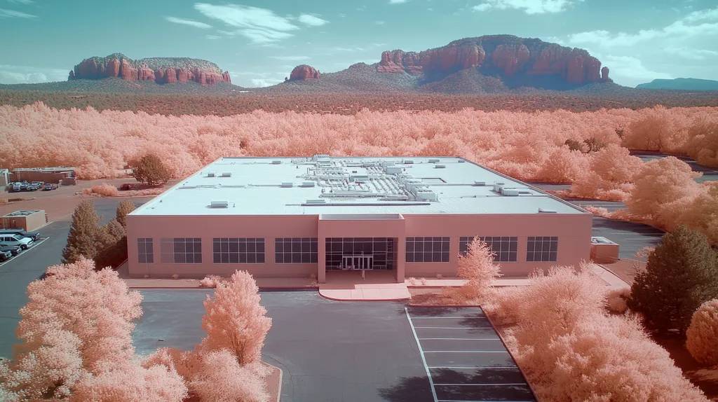 A commercial roof on a data center in a location similar to Sedona with an infrared photography aesthetic (AI image)