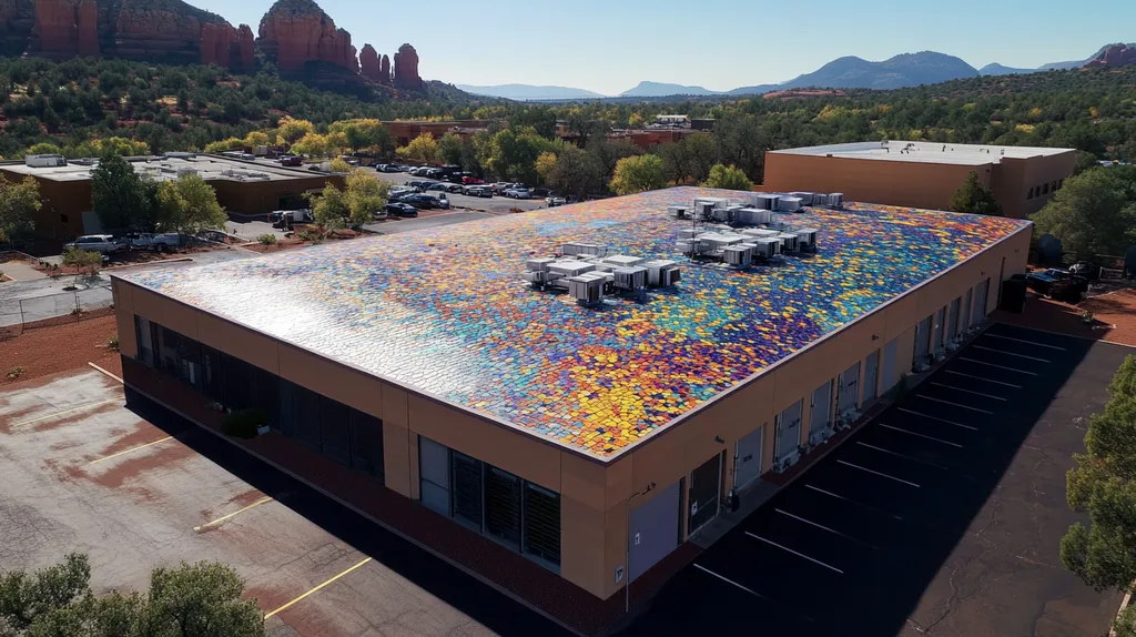 A commercial roof on a data center in a location similar to Sedona with a mosaic tile art aesthetic (AI image)