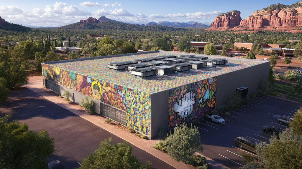 A commercial roof on a data center in a location similar to Sedona with a mosaic tile art aesthetic (AI image)